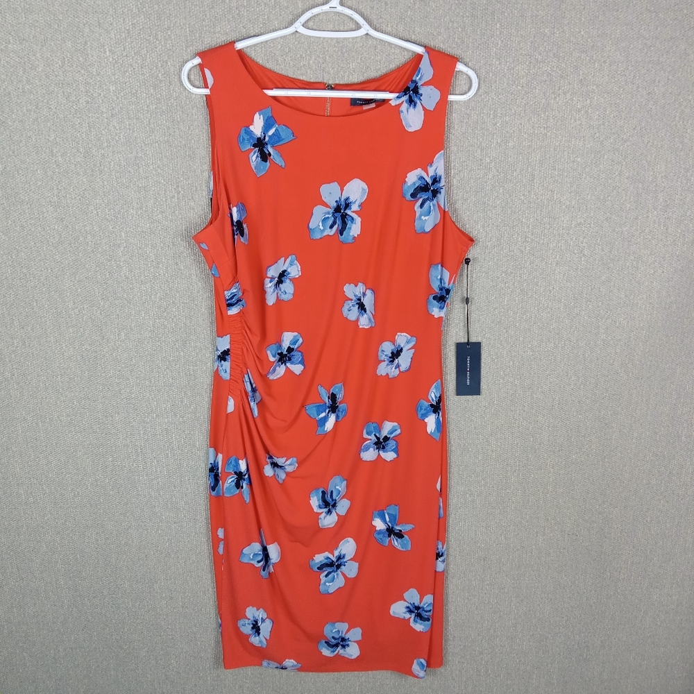 Tommy Hilfiger Sheath Dress 14 Orange Floral Print Sleeveless Knee Length Ruched